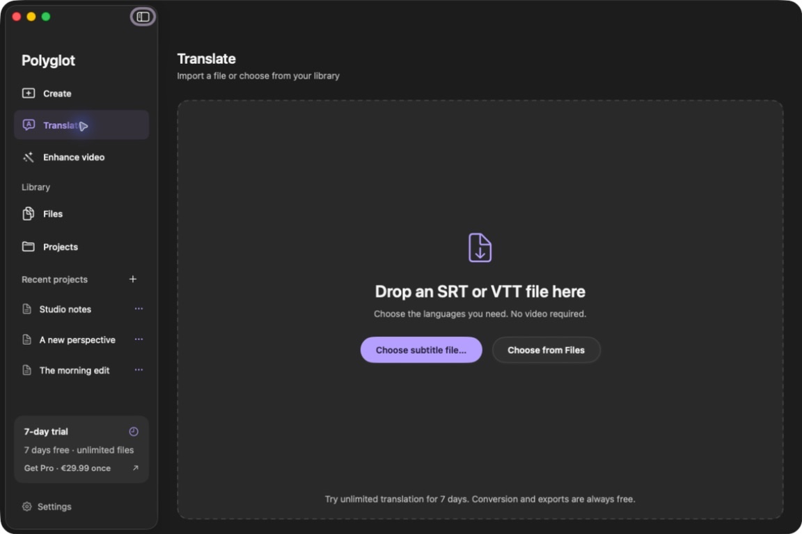 Translate screen with subtitle import and saved-library choices.