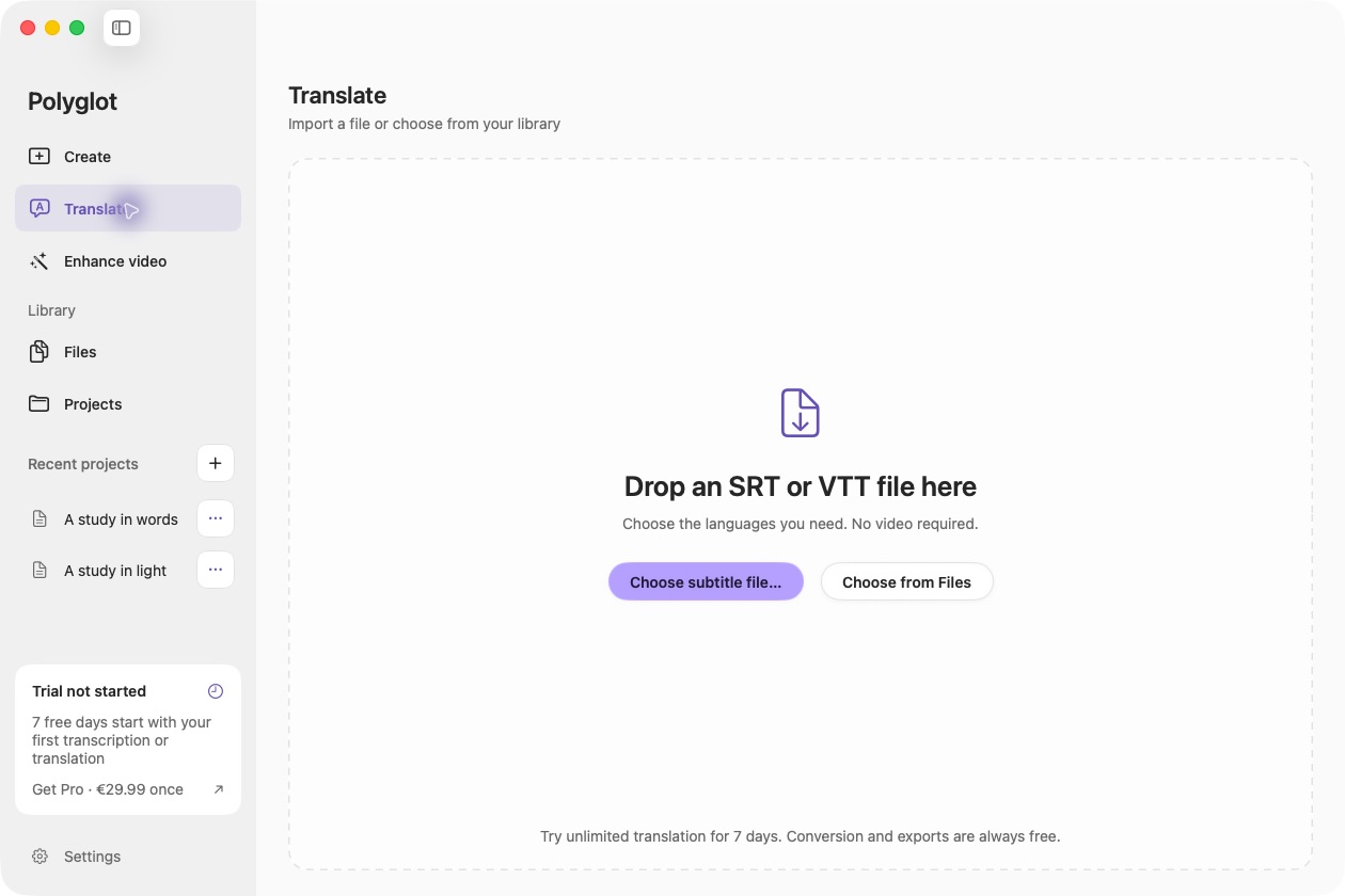 Translate screen with subtitle import and saved-library choices.