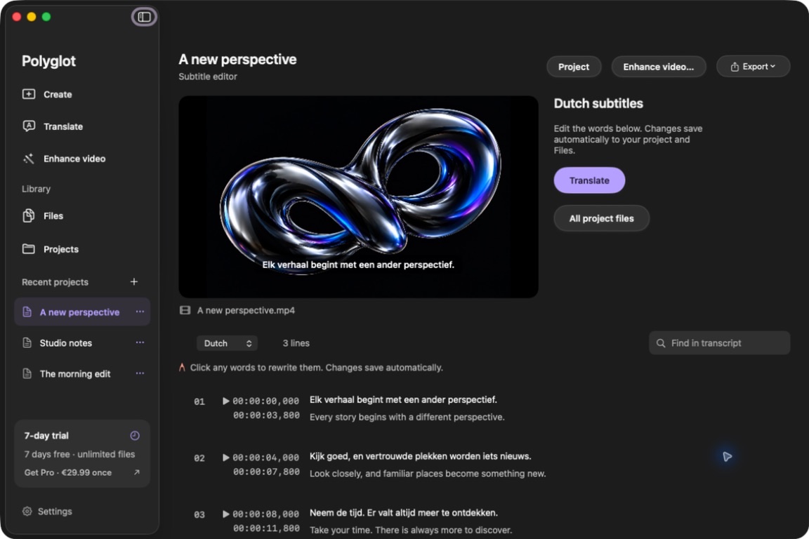 Polyglot create bilingual subtitles workspace with a prepared sample.