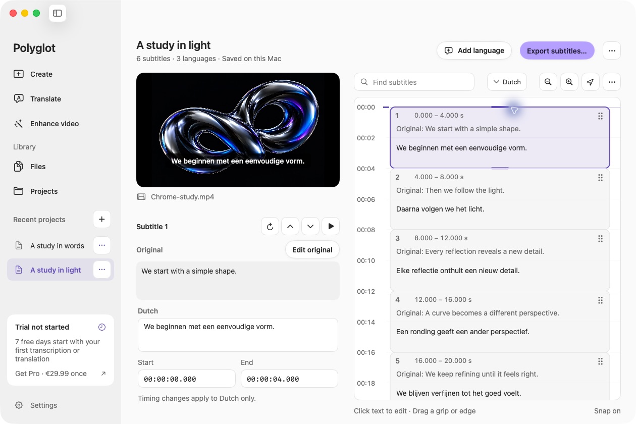 Subtitle editor with media on the left and a vertical timeline showing original and translated text.