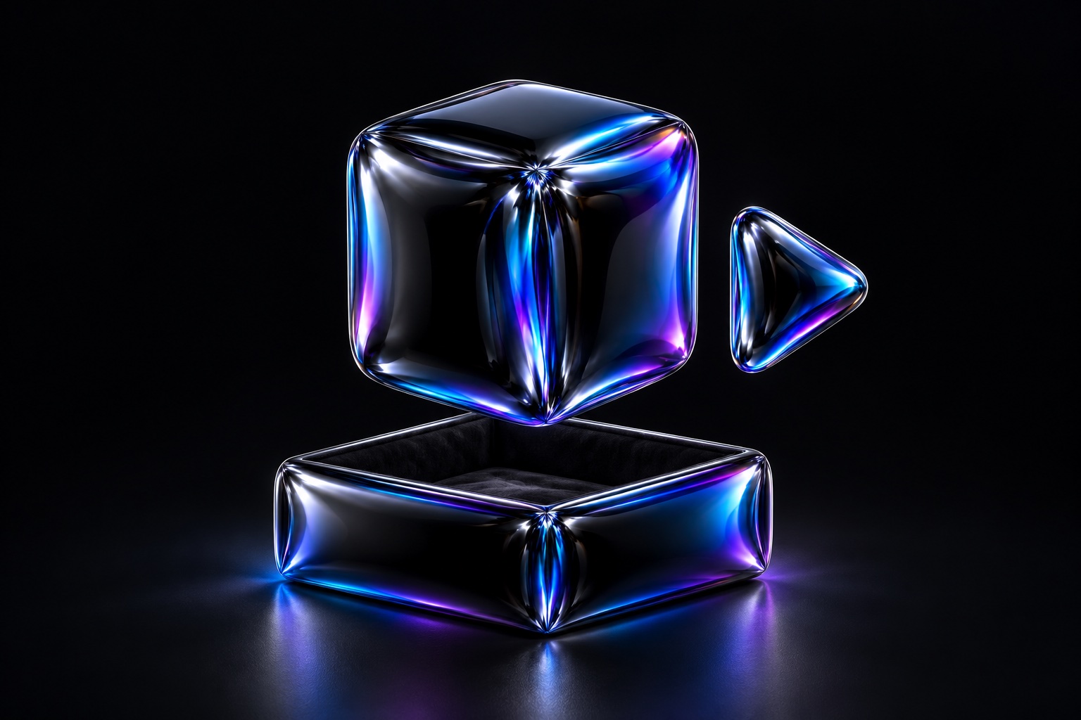 An iridescent product cube floats above a plinth beside a play triangle.