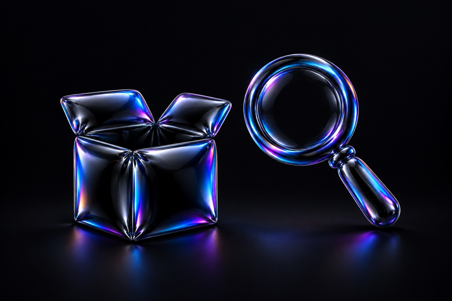 An open iridescent balloon-foil product carton beside a separate magnifying glass.