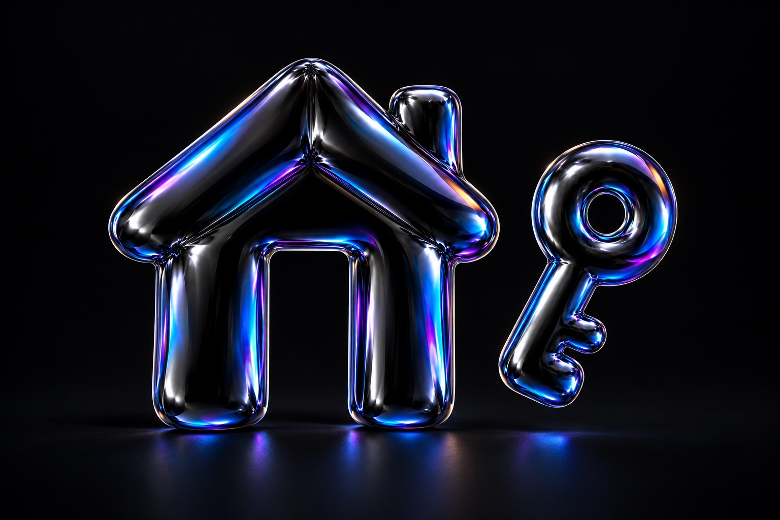 An iridescent house outline and key represent a property tour.