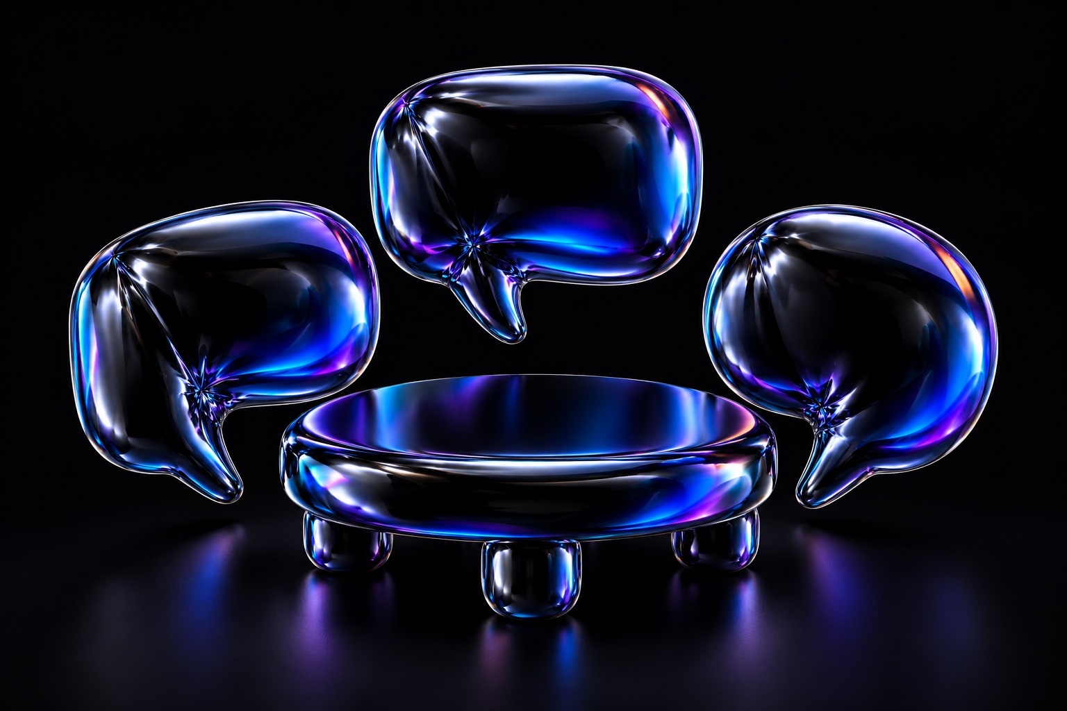 Three balloon speech bubbles gather around a round meeting table.