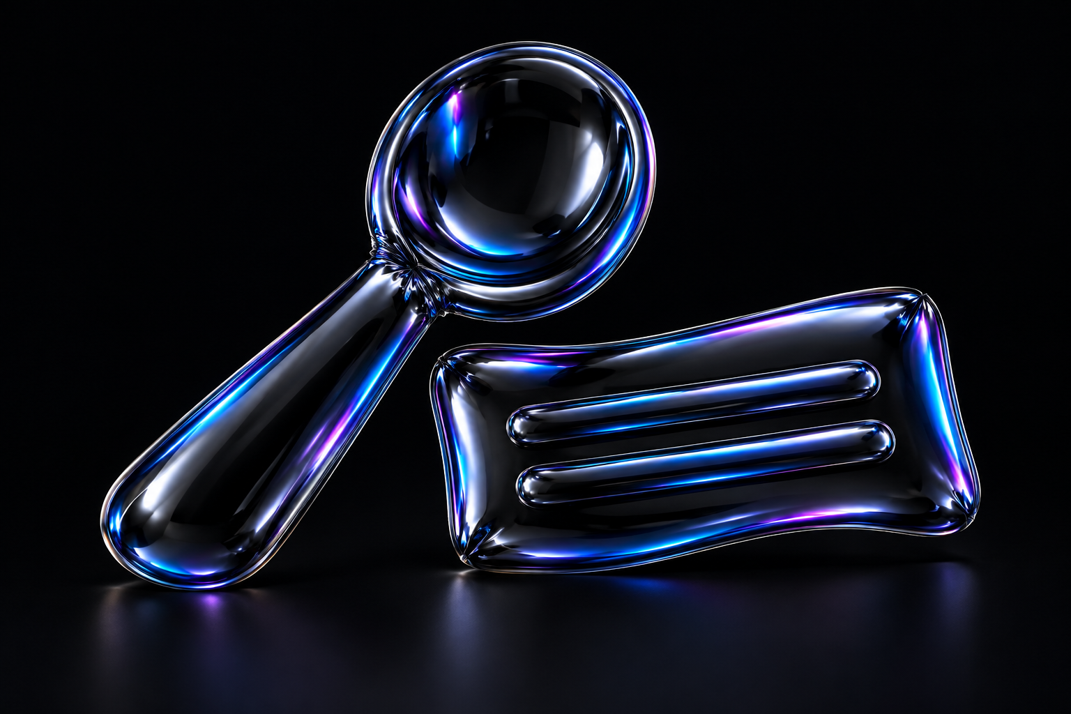 A sculptural black balloon-foil measuring spoon beside a caption strip, reflecting blue and violet light.
