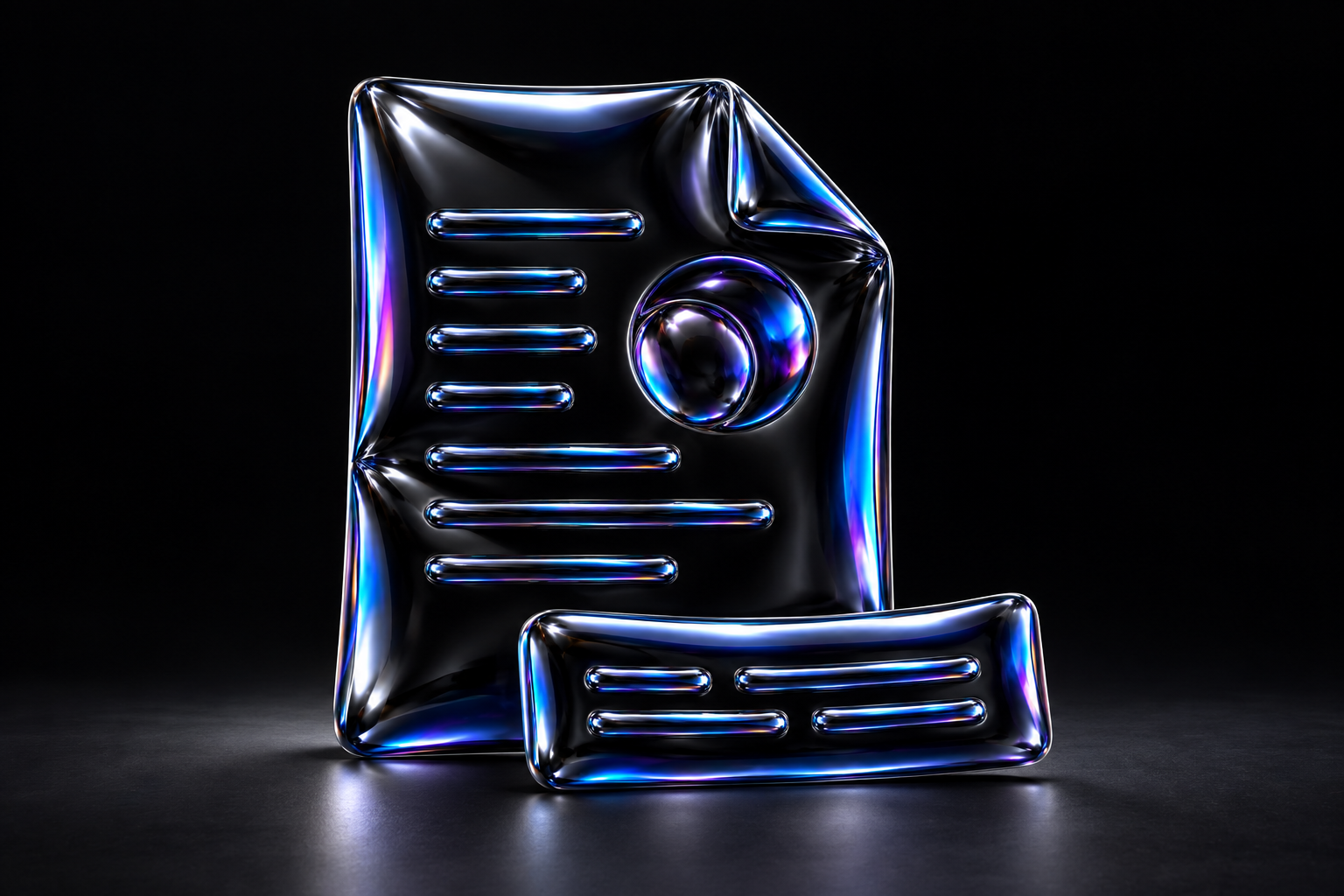 A glossy black balloon-foil research sheet beside a subtitle strip, with blue and violet reflections.