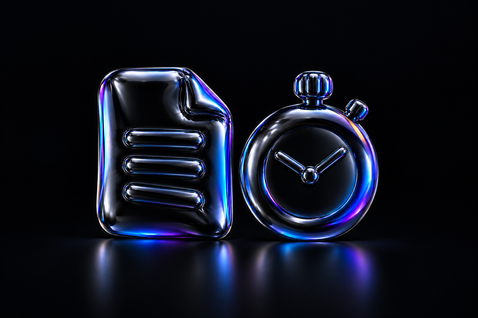 A script-sheet sculpture beside an analogue stopwatch, both in glossy black balloon foil with blue and violet reflections.