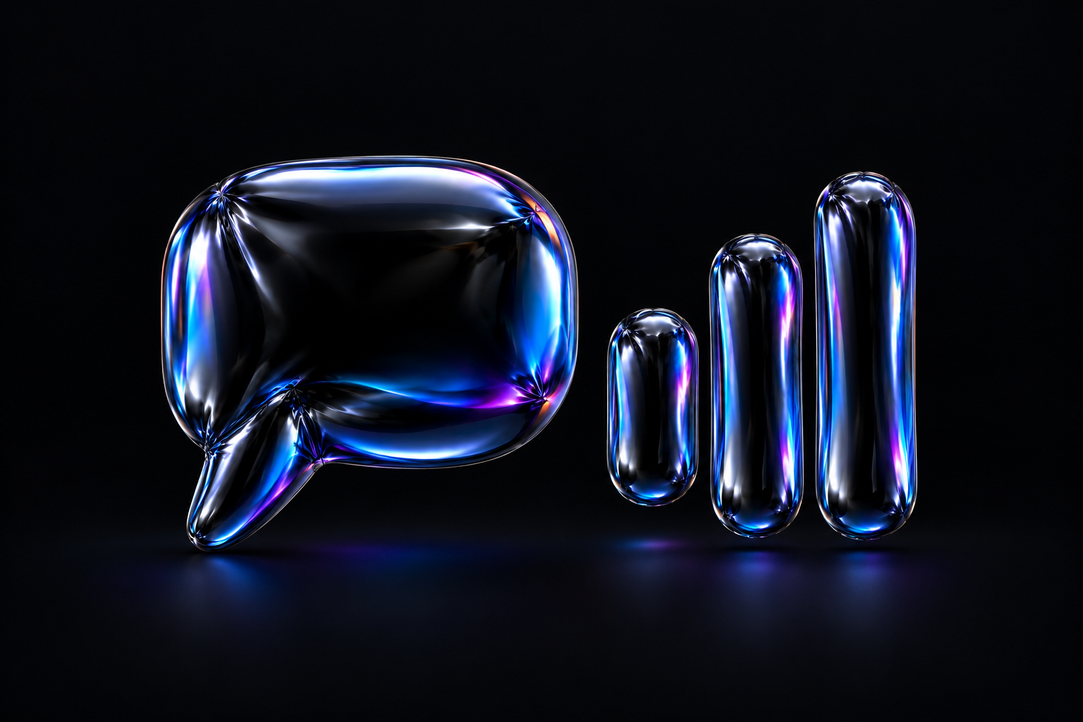A reflective black balloon-foil speech bubble beside three separate rounded sound bars with blue, cyan and violet highlights.