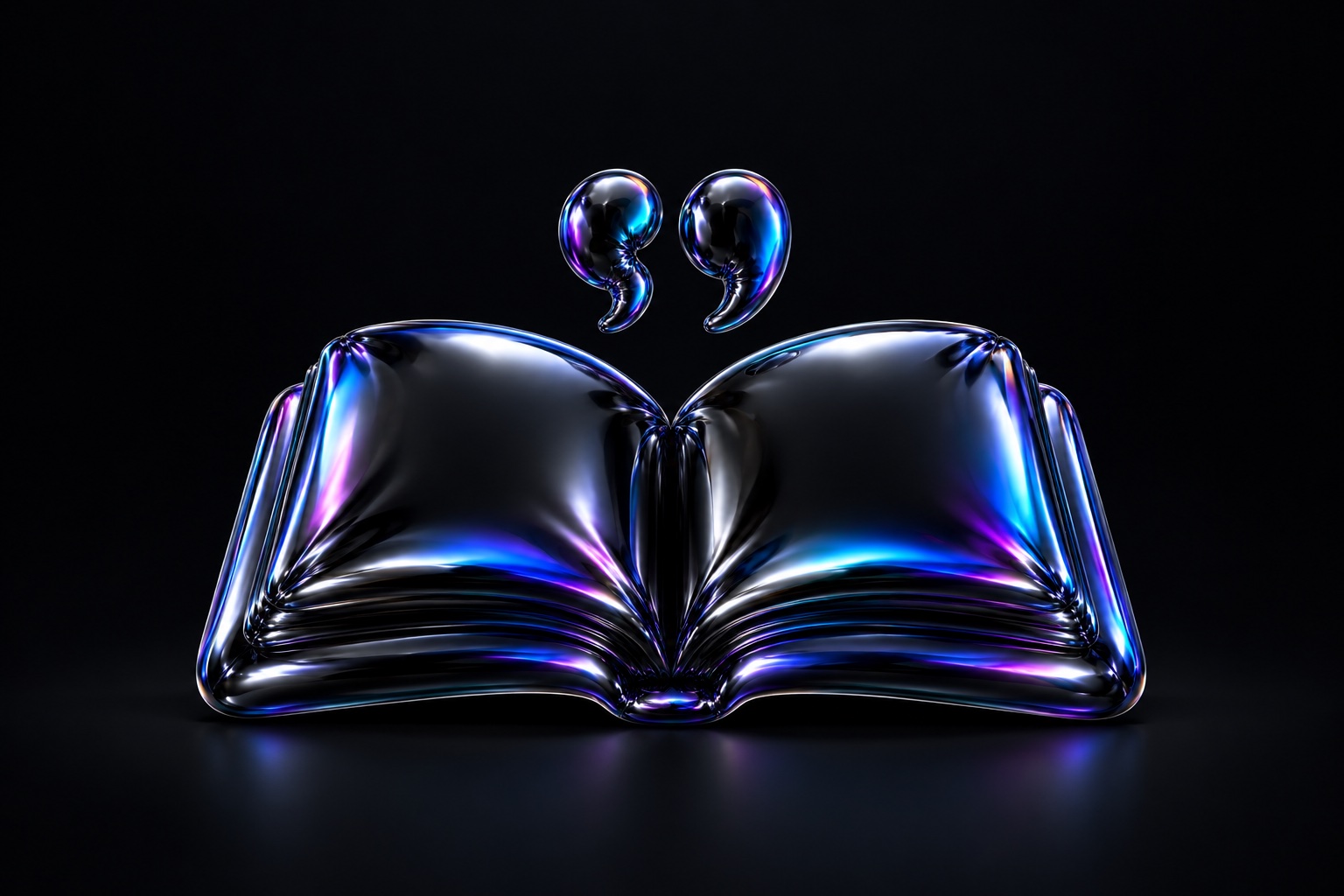 An open book and floating quotation marks made from iridescent black balloon foil.