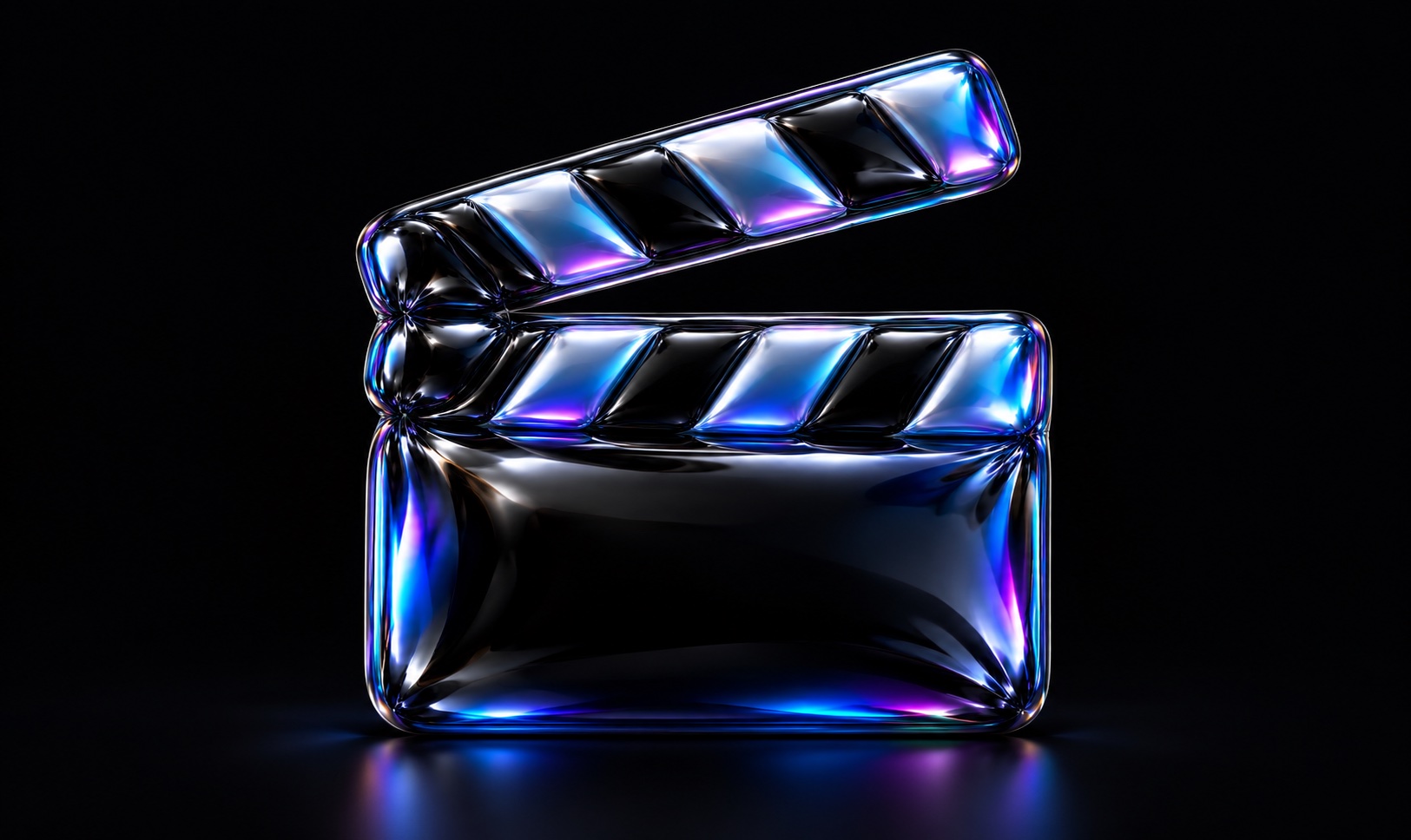 An iridescent balloon clapperboard stands with its hinged top raised.