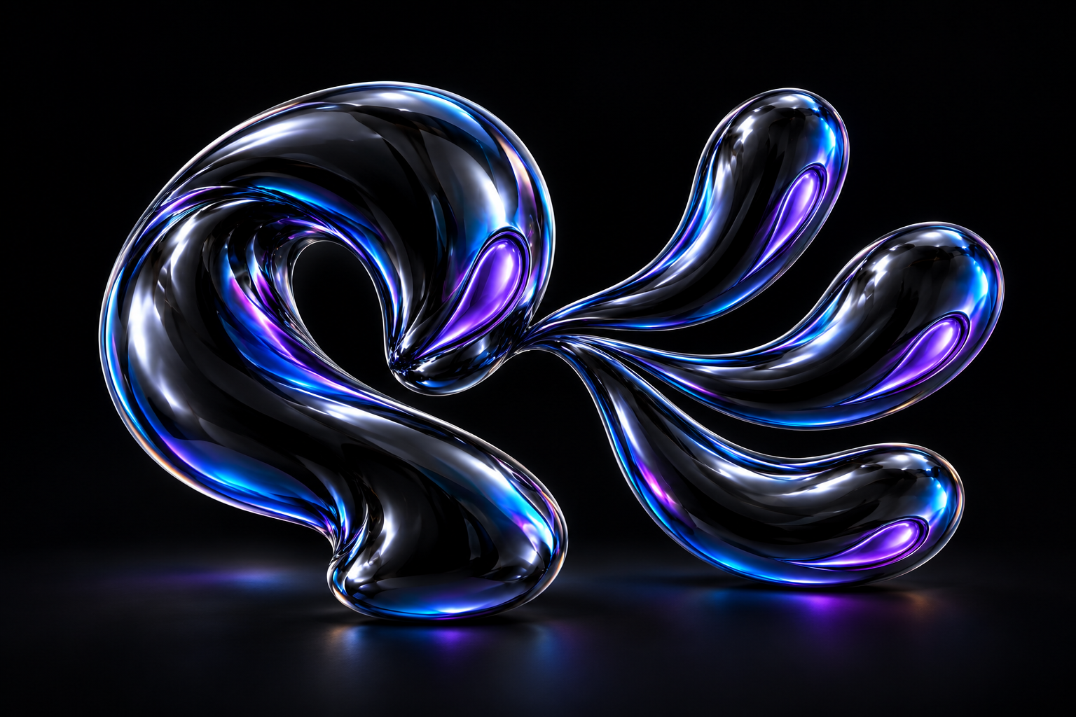 A glossy black balloon-foil curl with a violet inset branches into three smaller reflective ribbons with matching violet details.
