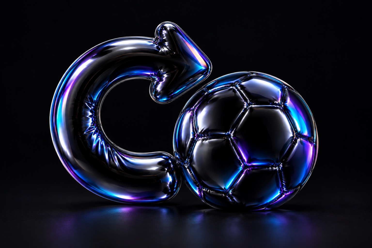 A football and a looping replay arrow sculpted from glossy iridescent black balloon foil.