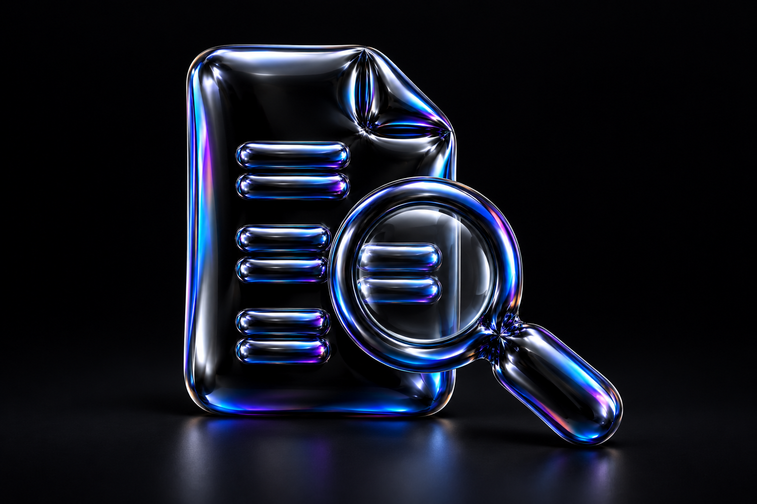 A glossy black balloon-foil document with raised subtitle lines and a magnifying glass, reflecting blue and violet light.