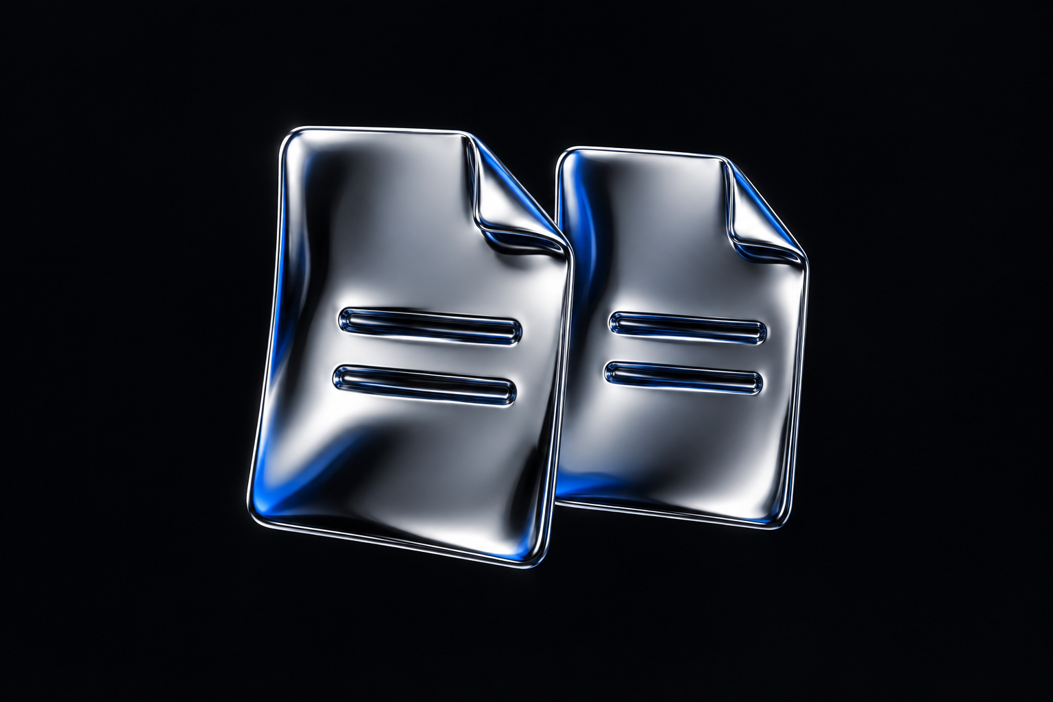 Two chrome document sculptures with matching subtitle lines and blue reflections on black.