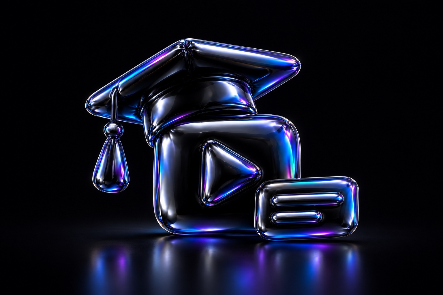 An academic mortarboard above a play tile and caption strip, sculpted from iridescent black balloon foil.