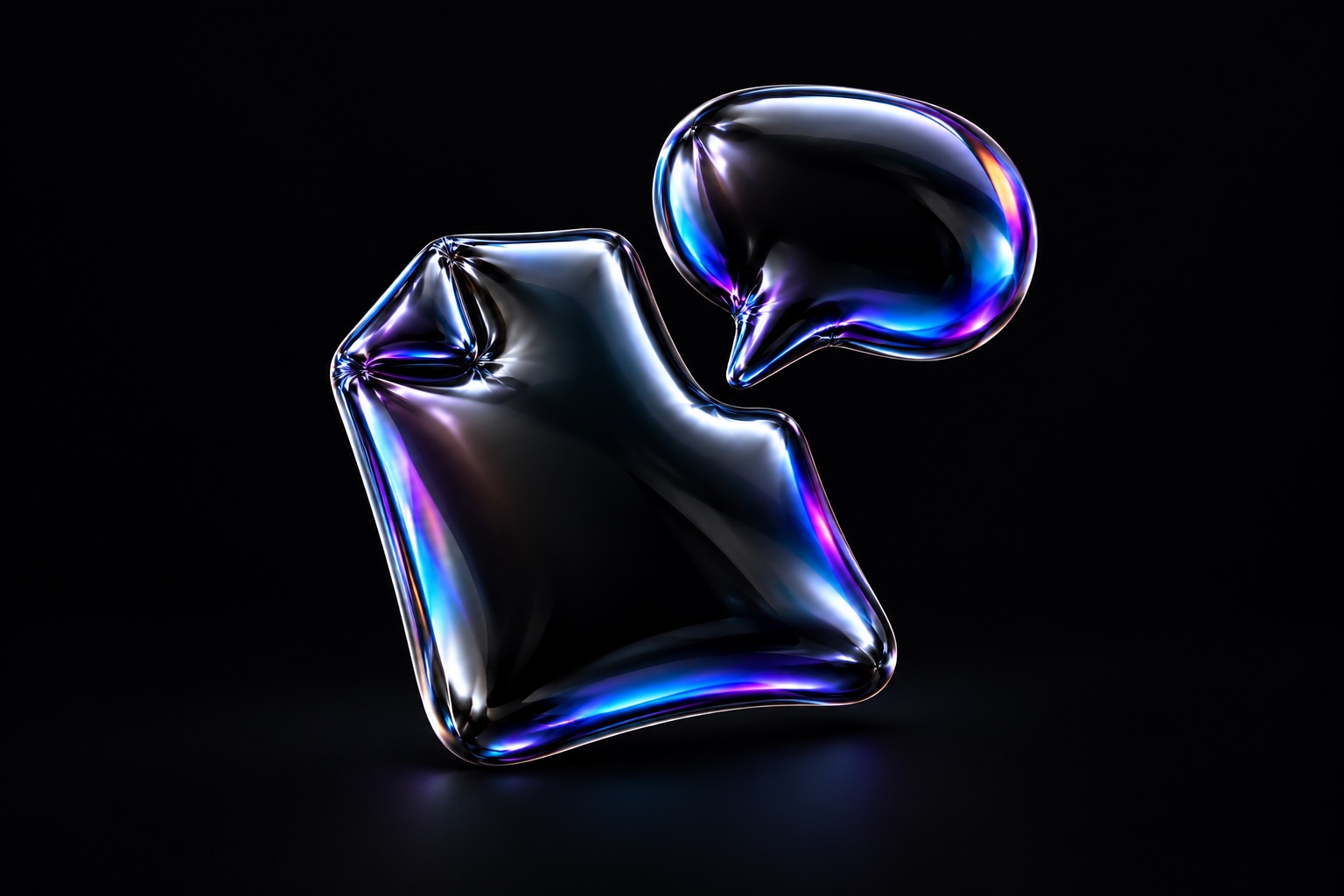 An inflated assignment sheet and speech bubble made from iridescent black balloon foil.