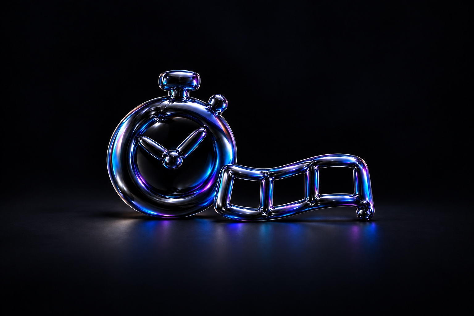 A glossy black balloon-foil stopwatch beside a curled strip of three empty film frames, reflecting blue and violet light.