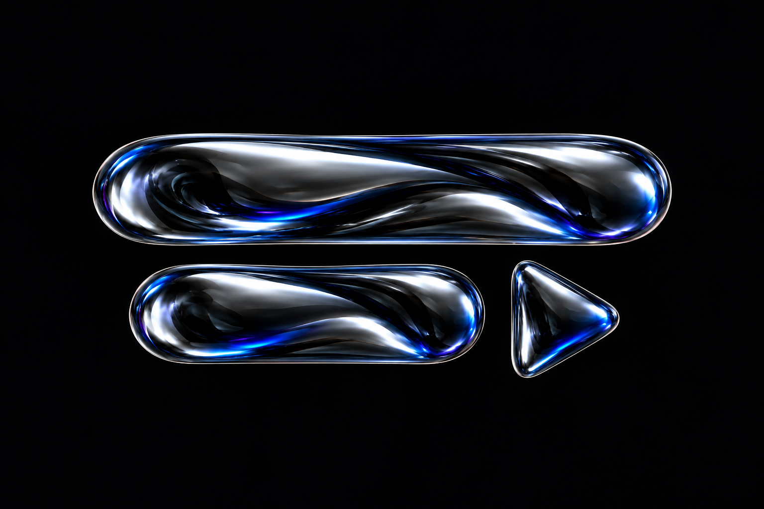 Sculptural chrome subtitle bars and a play symbol with cobalt reflections on black.