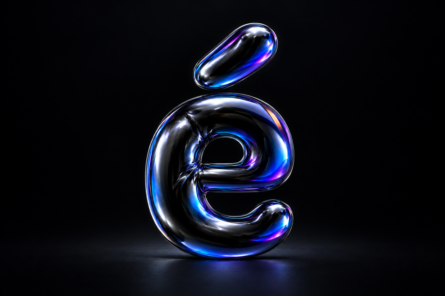A sculptural lowercase é in reflective black balloon foil, with a floating acute accent and blue and violet highlights.