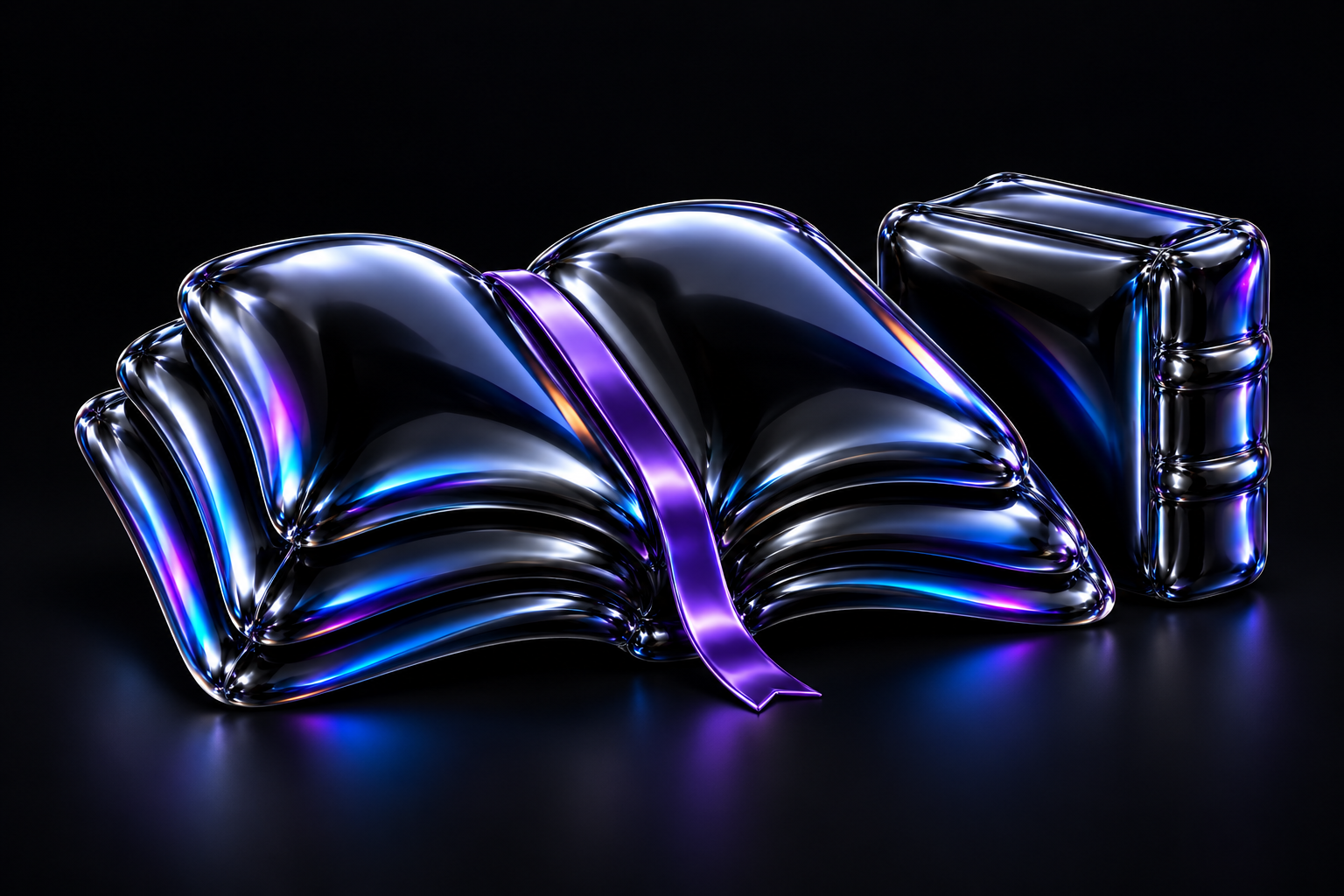An open glossy black balloon-foil book with a violet bookmark beside a closed volume, reflecting blue and silver light.