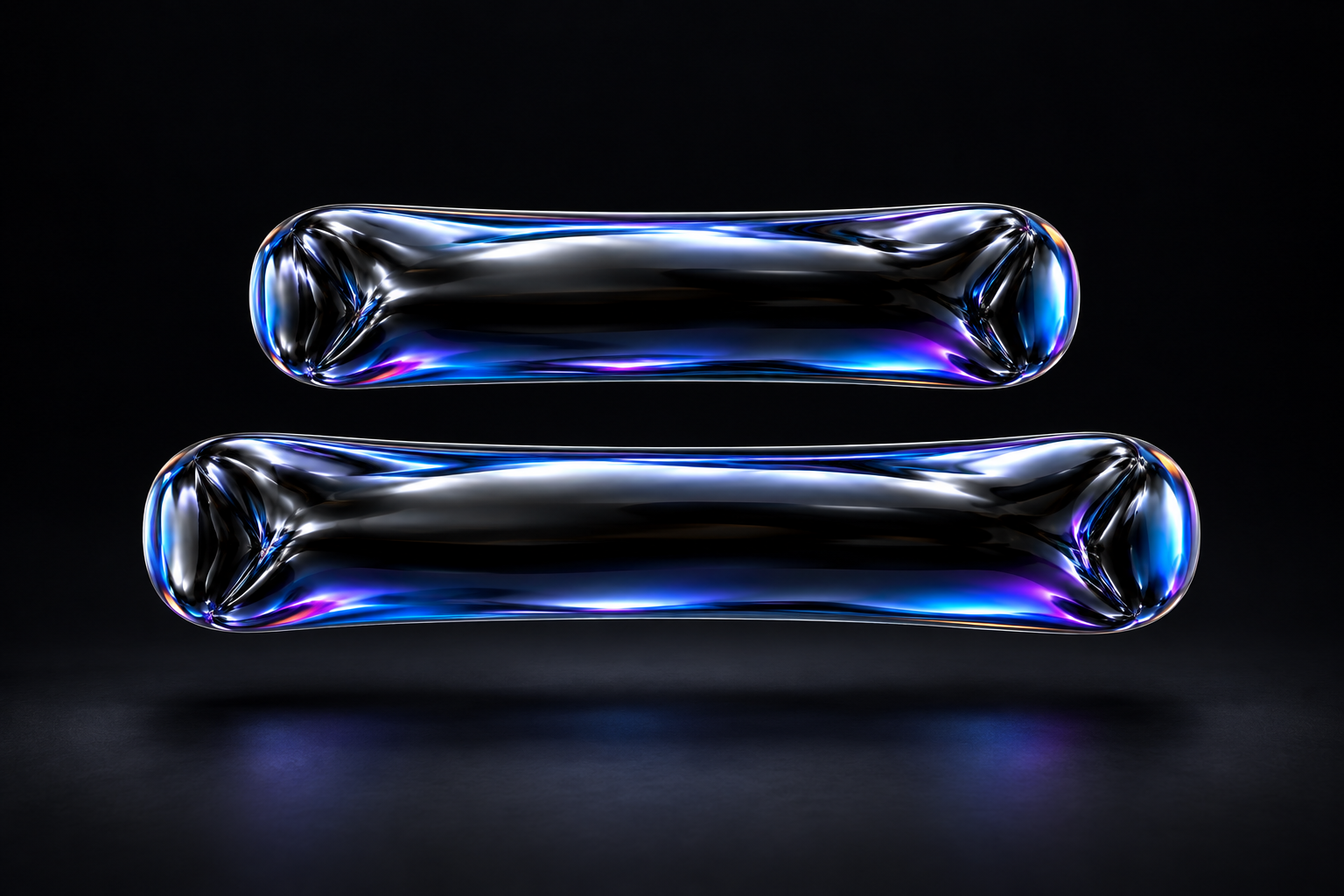Two softly inflated dark chrome ribbons, one above the other with space between them, reflecting blue and violet light.
