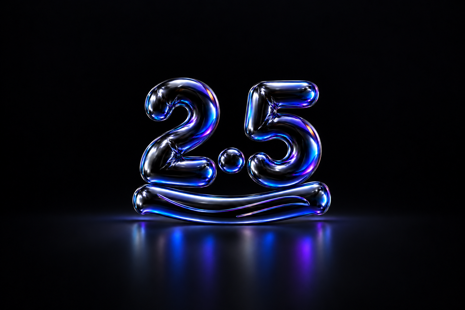 Inflated glossy black numerals 2.5 stand above a curved subtitle ribbon, reflecting blue and violet light.