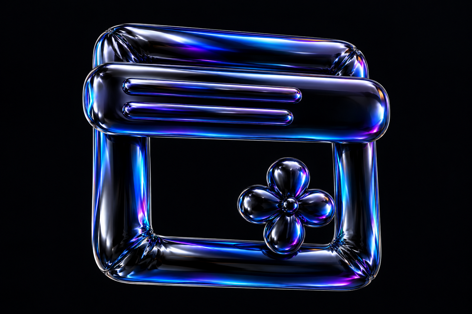 A glossy balloon-foil picture frame with a raised subtitle bar above an unobstructed flower, reflecting blue and violet light.
