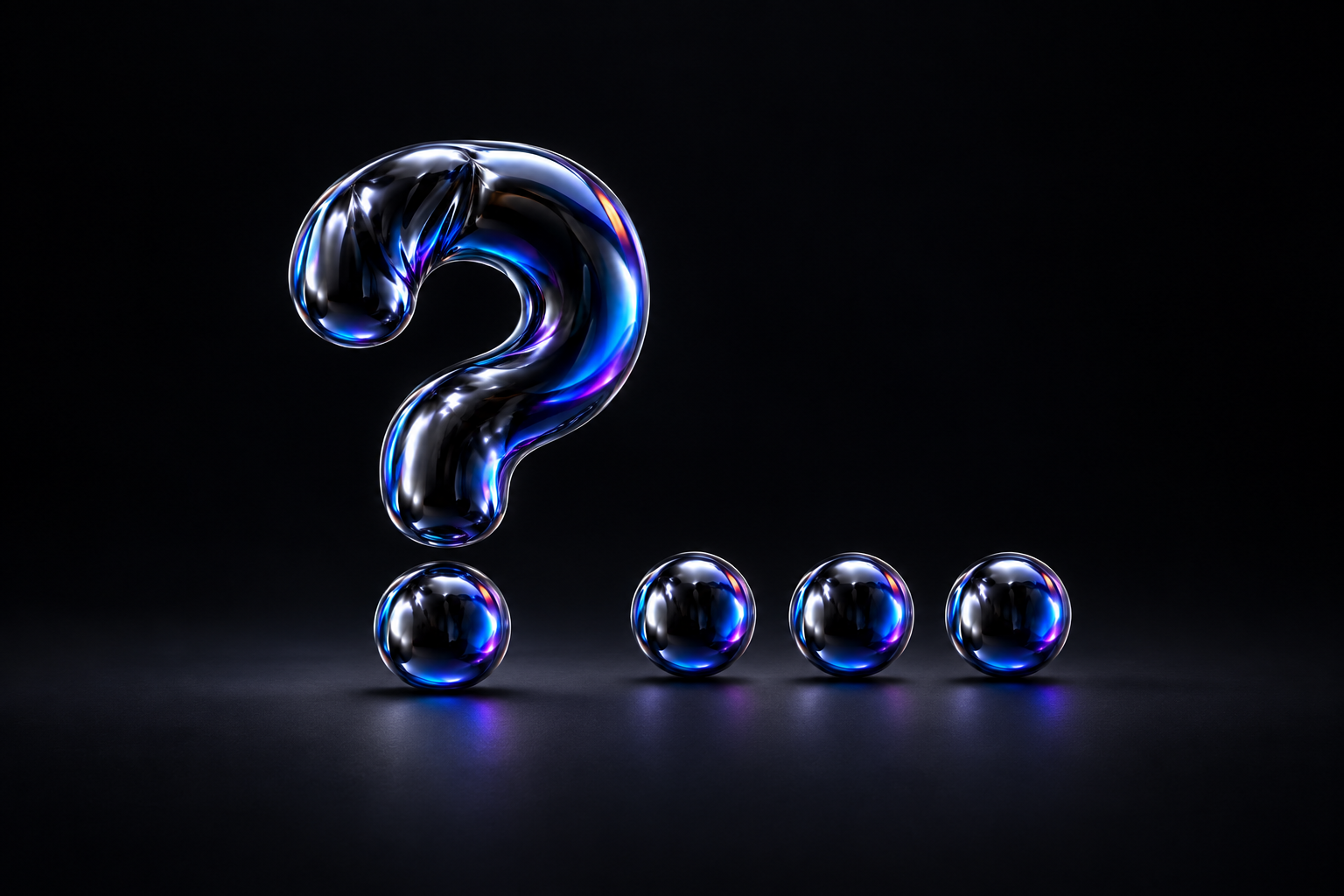 A glossy inflated black question mark stands beside three separate ellipsis spheres with blue and violet reflections.