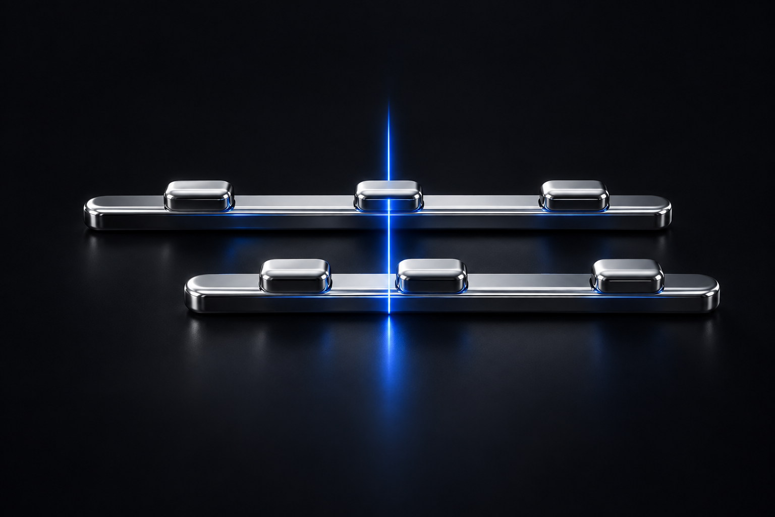 Two parallel chrome timing rails with offset markers crossed by a cobalt light line.