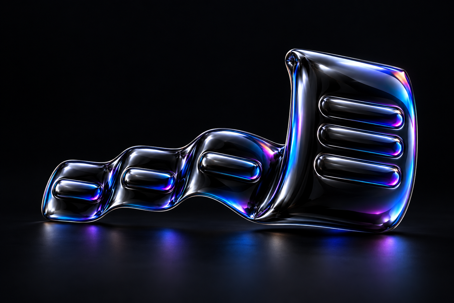 A glossy black balloon-foil subtitle ribbon unfurls into a folded page with raised text-like bars and blue-violet reflections.