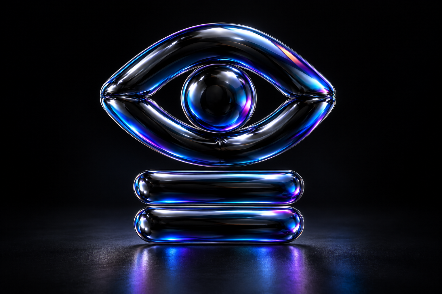 An eye-shaped black balloon-foil sculpture floats above two subtitle bars, reflecting blue and violet light.
