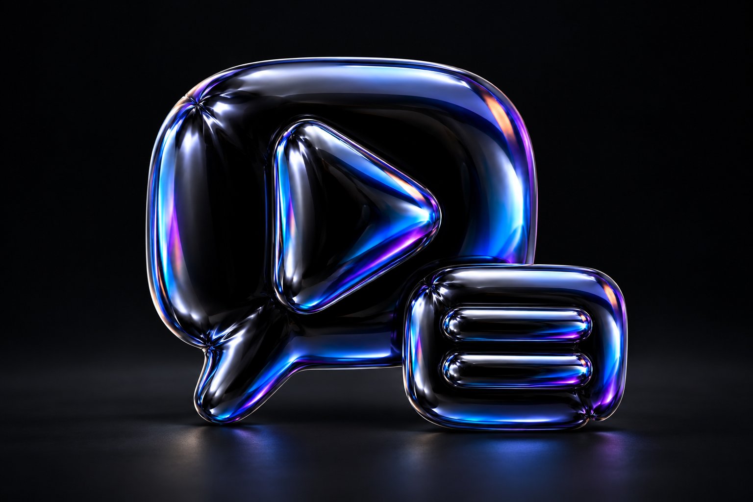 A speech bubble with a play triangle beside a two-line caption tile, sculpted from iridescent black balloon foil.