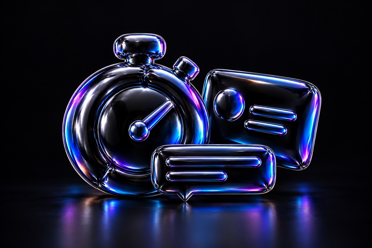 A stopwatch, presentation slide and caption strip sculpted from glossy iridescent black balloon foil.