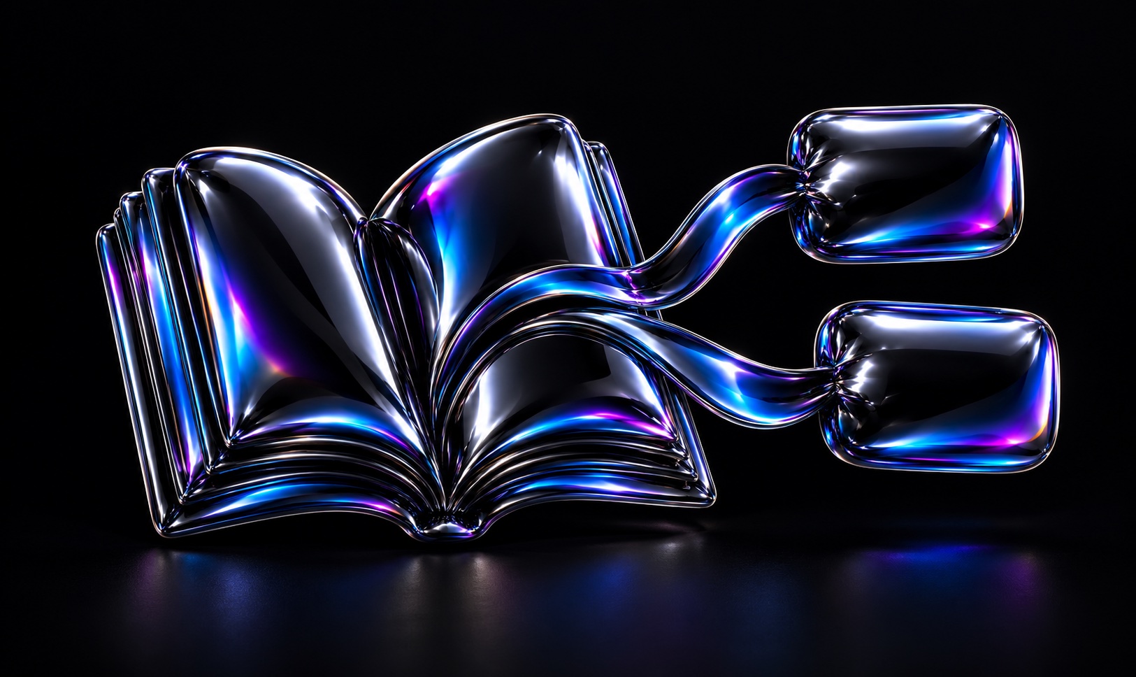 An open balloon-foil book feeds two parallel ribbons into caption tiles.