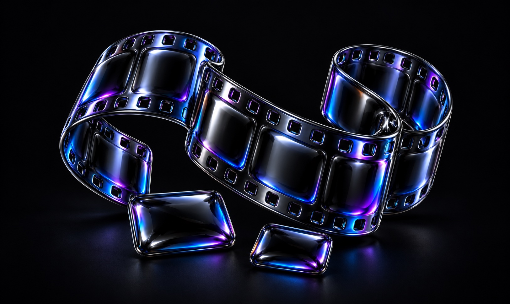 A curved iridescent film strip floats above two caption tiles.