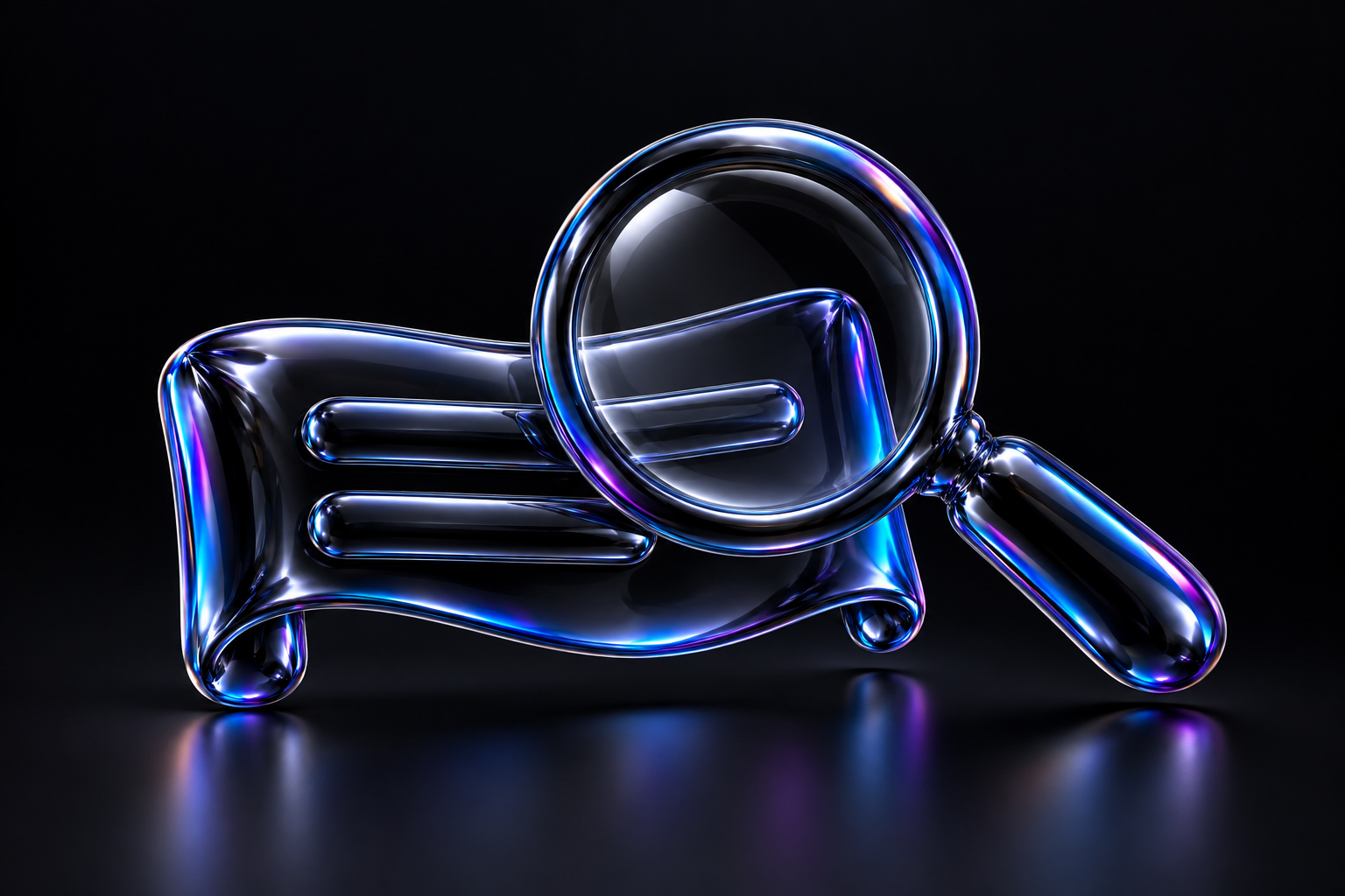 A reflective black balloon-foil magnifying glass above a curled subtitle strip, with blue and violet highlights.