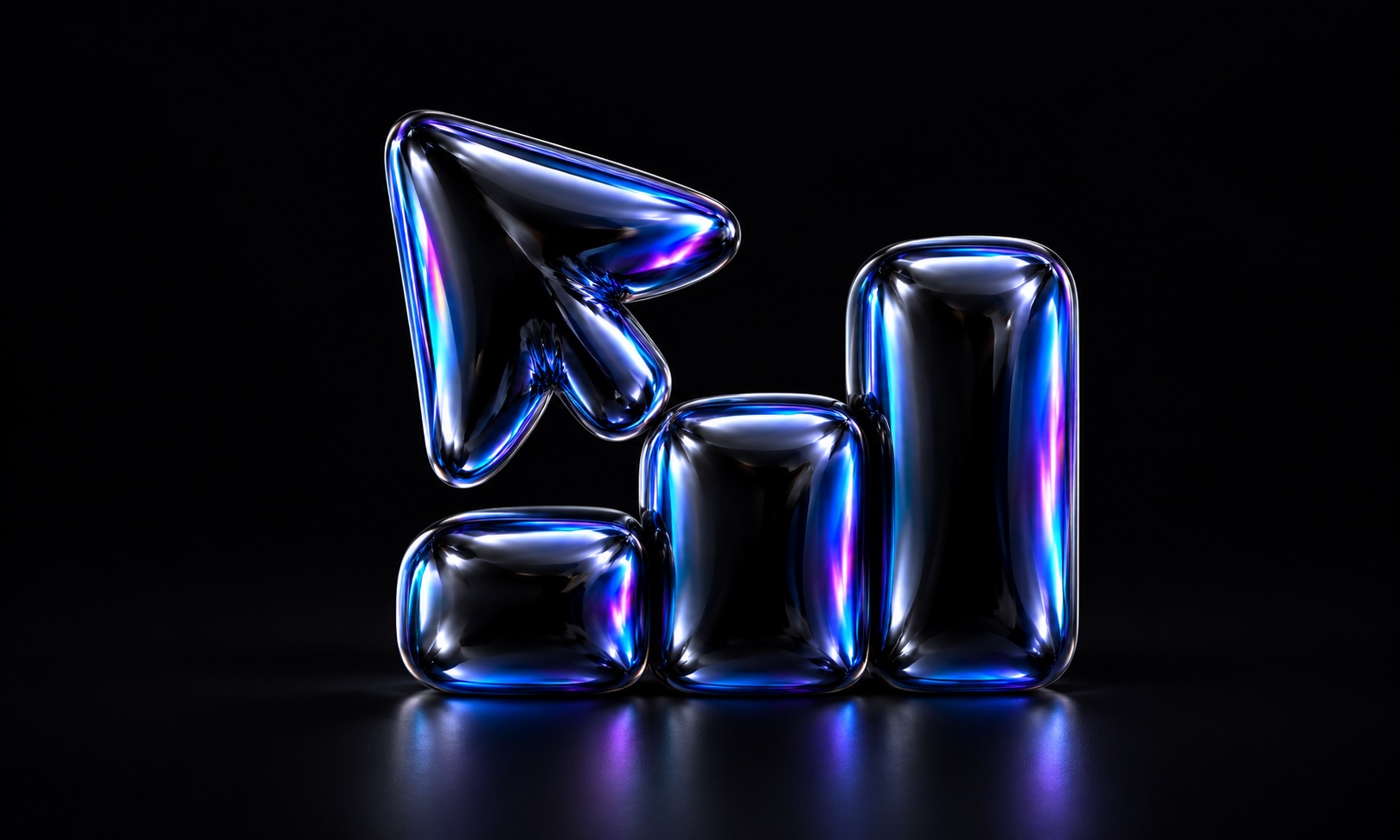 An iridescent balloon pointer sits beside three ascending steps.