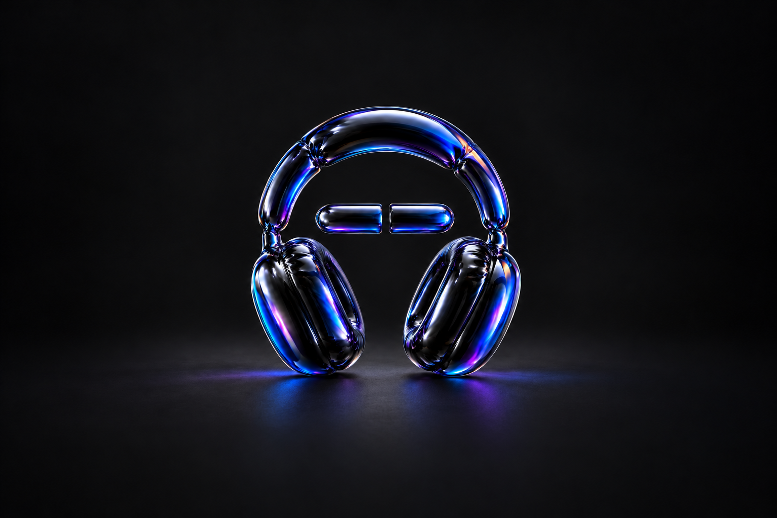 Glossy dark balloon-foil headphones surround a short floating ribbon with a gap, reflecting blue and violet light.