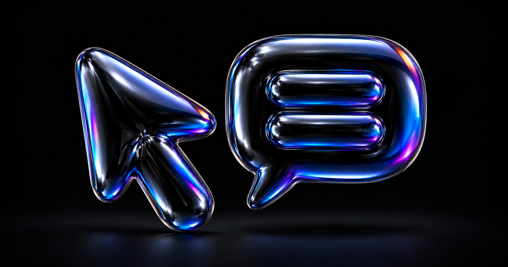 An inflated black balloon-foil cursor arrow beside a speech bubble with two caption bars, reflecting blue, cyan and violet light.