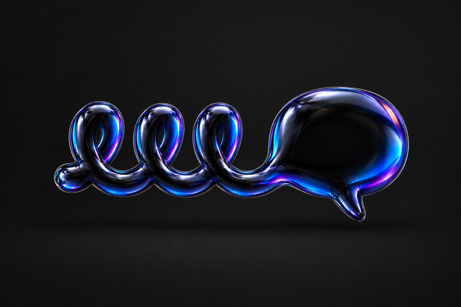 An iridescent black balloon-foil ribbon forms three loops and flows into a rounded speech bubble.