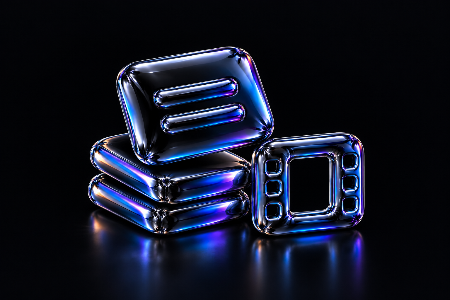 Glossy black balloon-foil reference cards with two caption bars beside a filmstrip frame, reflecting blue, cyan and violet light.