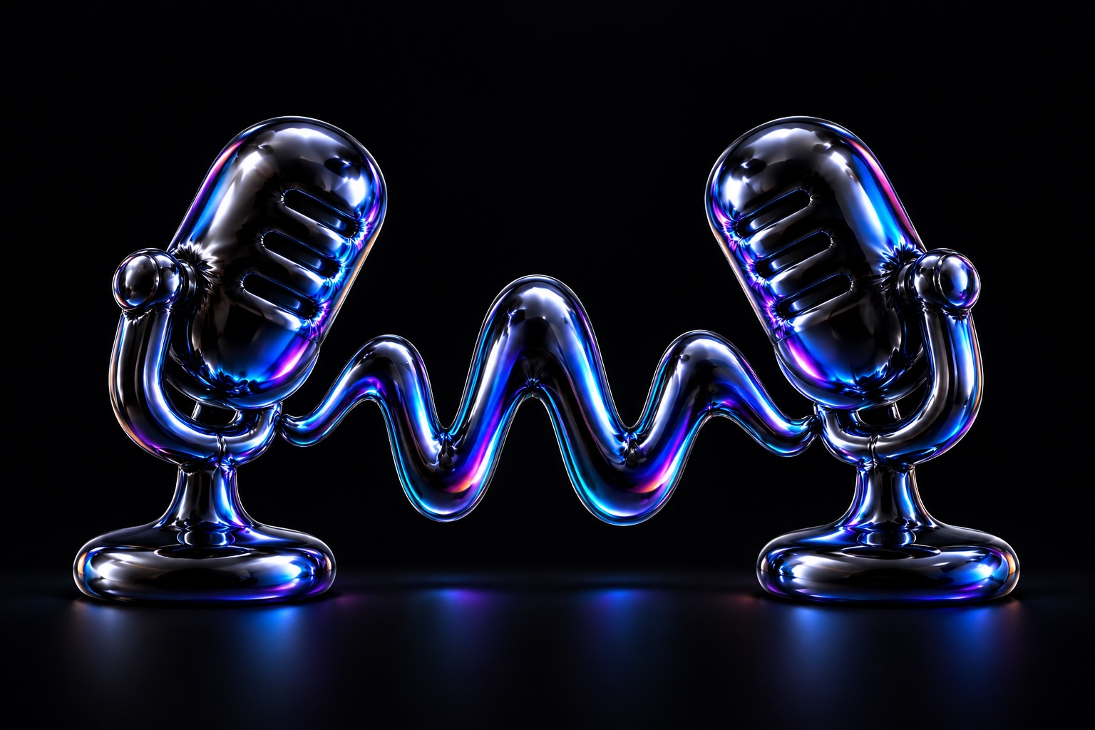 Two iridescent balloon microphones frame a flowing audio ribbon.