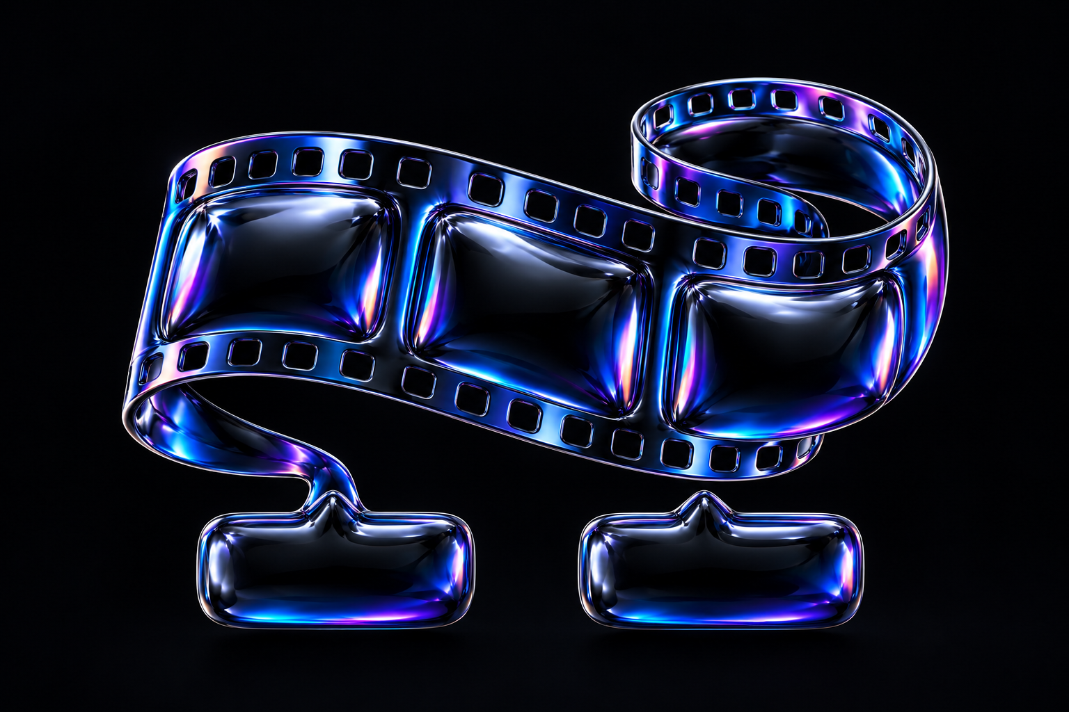 A curling glossy black foil filmstrip above two caption-shaped tiles, with blue and violet reflections.