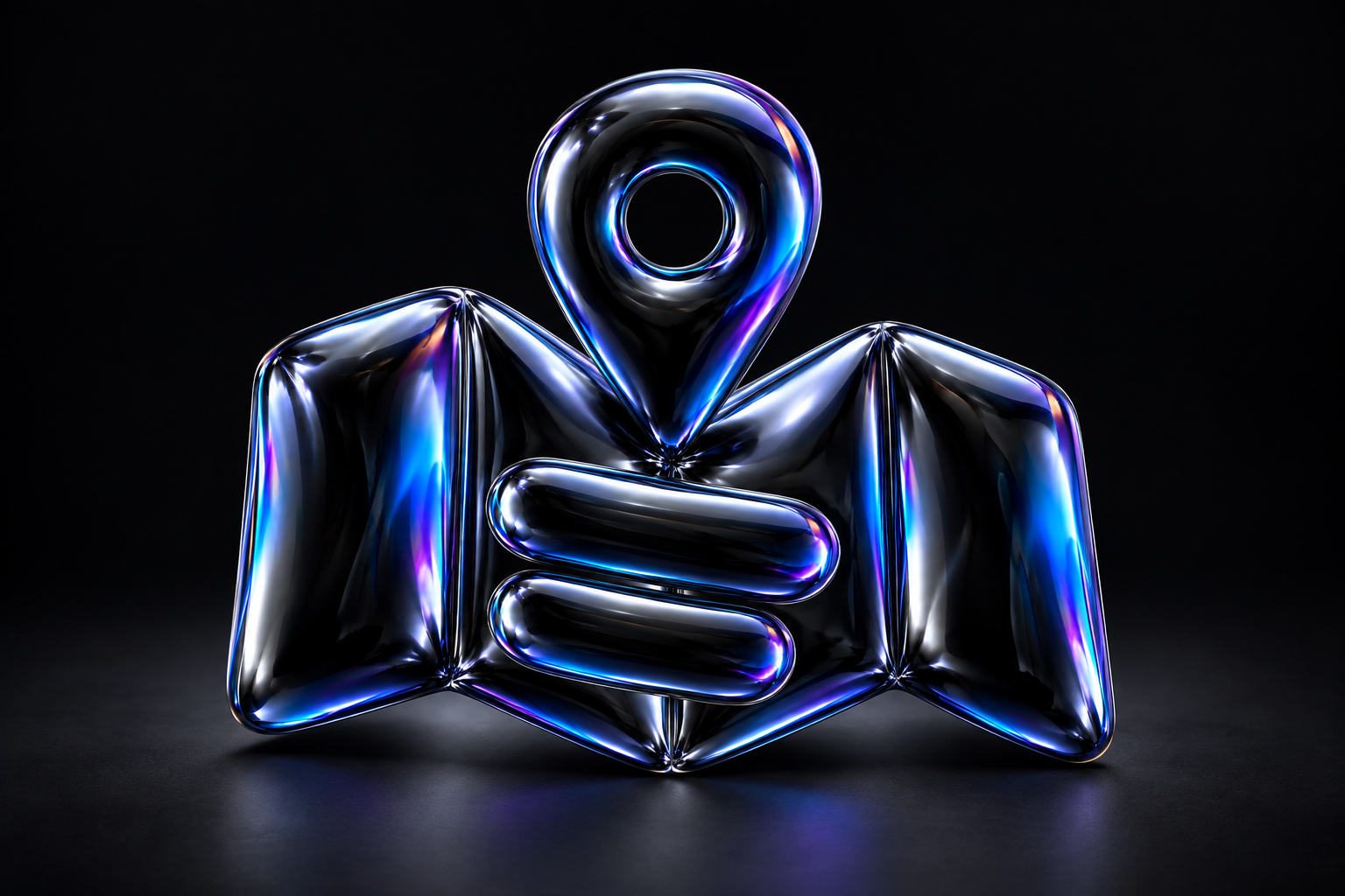 An inflated black foil map with a location pin and two caption bars, reflecting blue and violet studio light.