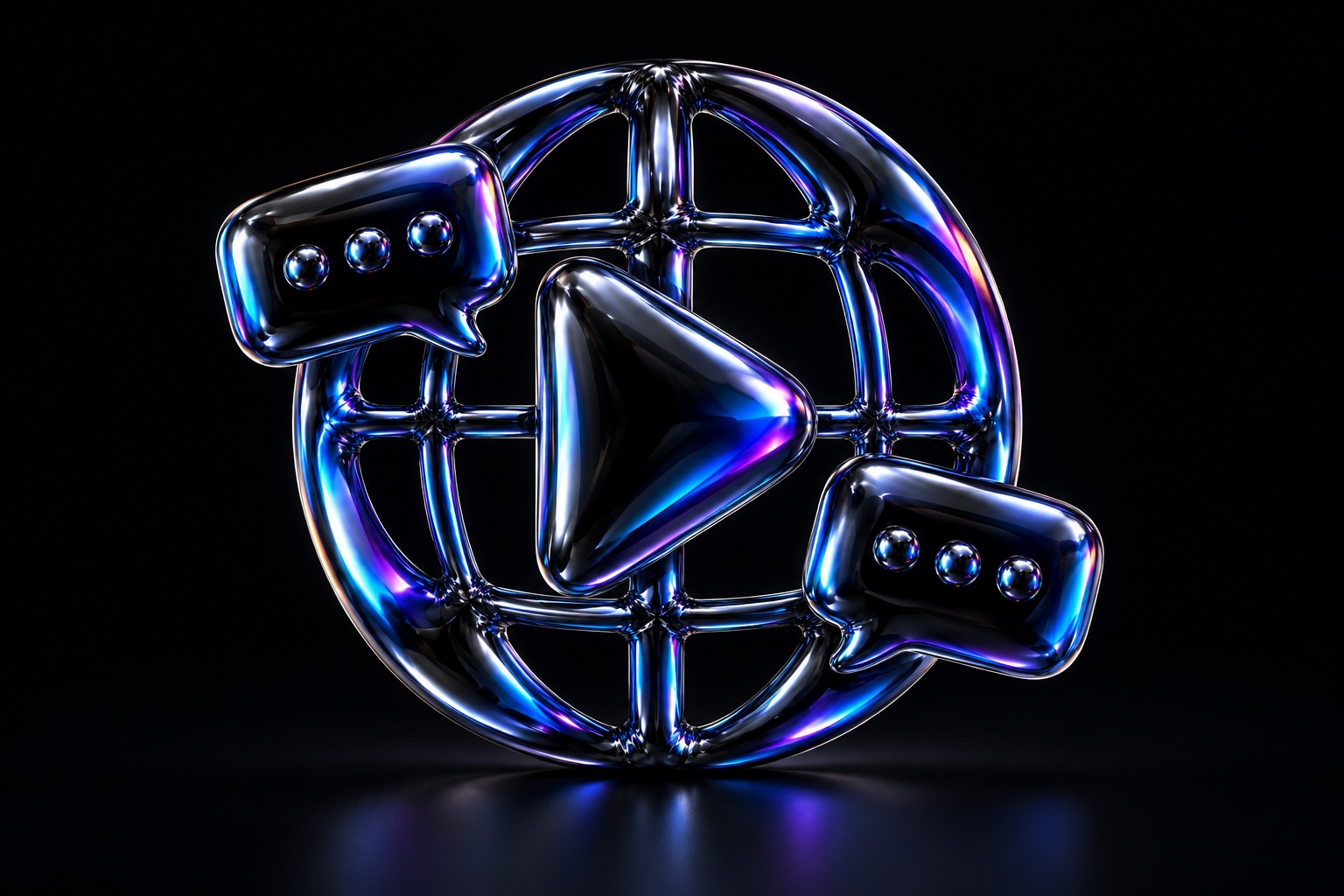 An iridescent globe holds a play triangle between two speech bubbles.