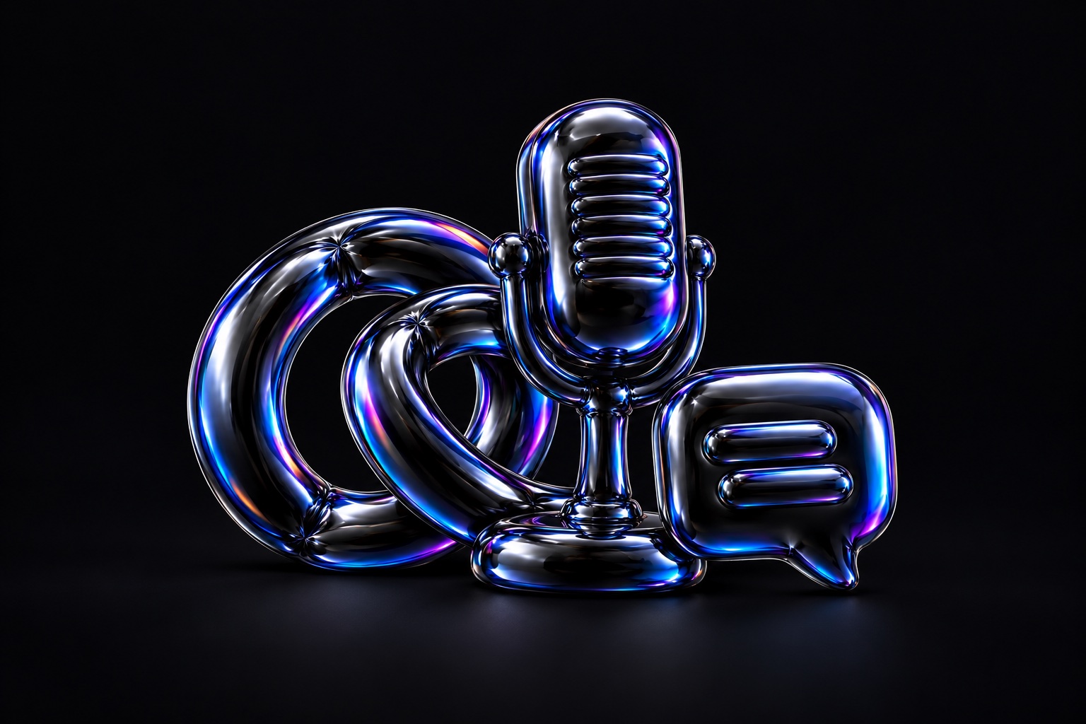 Intertwined wedding rings, a speech microphone and a two-line subtitle tile sculpted in iridescent black balloon foil.