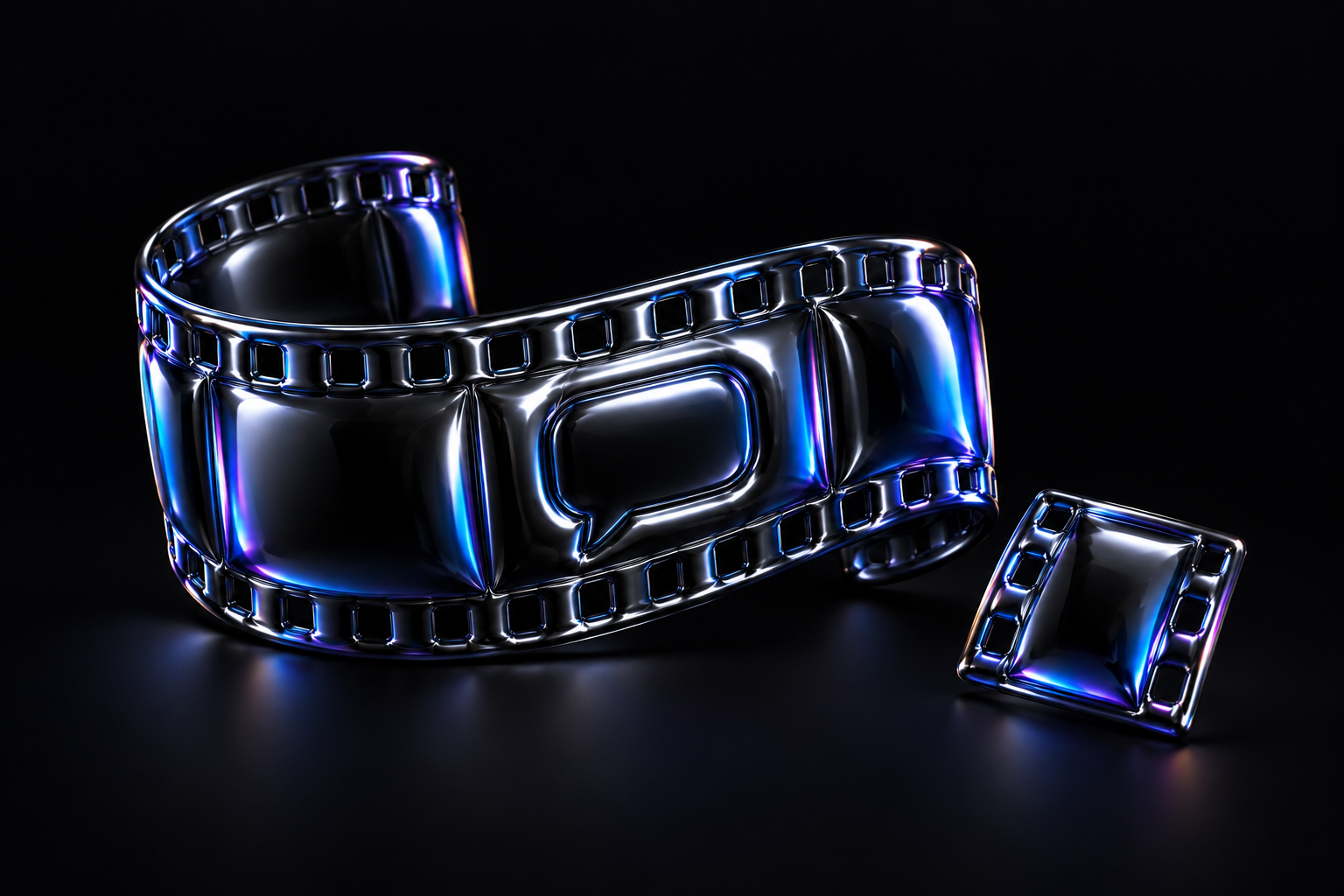 A curled black balloon-foil film strip with a speech bubble and a separate film segment, reflecting blue and violet light.