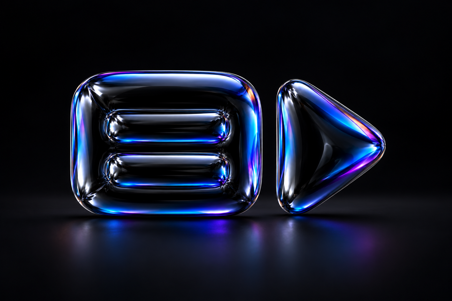 A glossy black balloon-foil caption tile with two raised bars beside a play triangle, reflecting blue and violet light.
